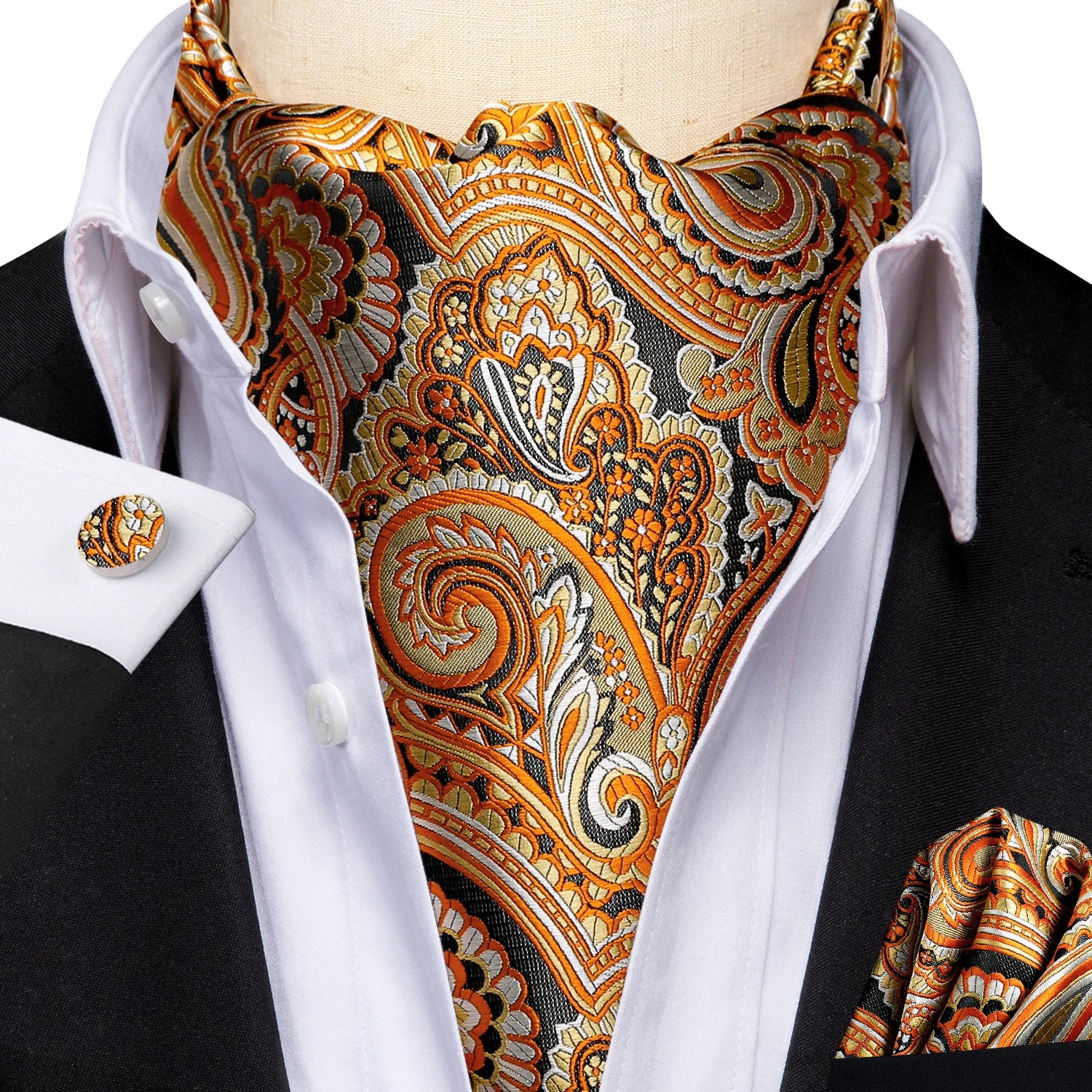 Hi-Tie Mens Ascot Black Pink Blue Red Gold Green Purple White Cravat Tie Hanky Cufflinks for Male Wedding Business Prom