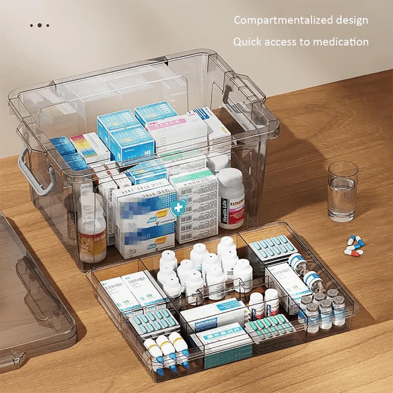 Multifunctional Plastic All-in-One Medicine Organizer - Transparent Water-Resistant Medical Storage Box, Medication Container
