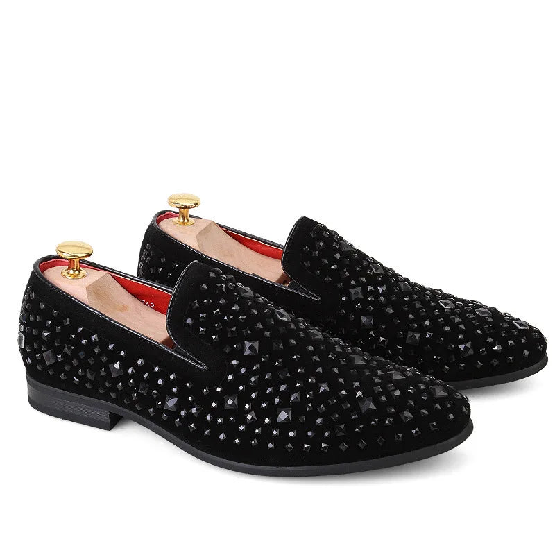 Dress Shoes for Men Luxury Pointed Toe Black Loafers Denim Metal Sequins Shoes Fashion High Quality Men Party Wedding Shoes New