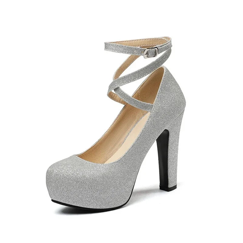 Women Shoes Sexy Fashion Round Toe High Heels  Ankle Strap Dress Dance Party Wedding Bride Platform Shoes Big Size 49 50 33-43