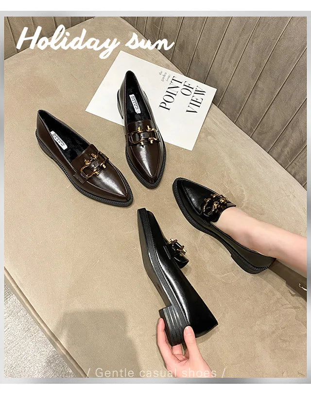 New Women Pointed Toe Leather Casual Shoes British Style Dress Shoes Fashion Cool Slip-on Loafers