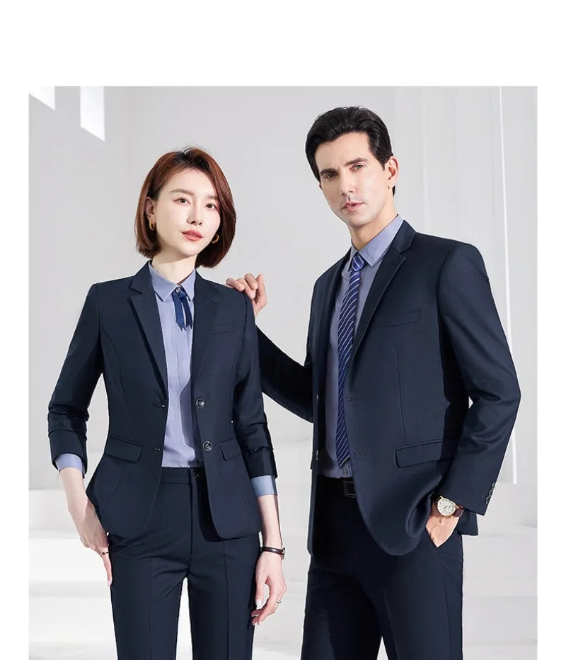 Men's Formal Business Suit Set Black Grey Blue Blazer Pants 2 Piece Work Wear For Office Sales Property 4S Store Staff