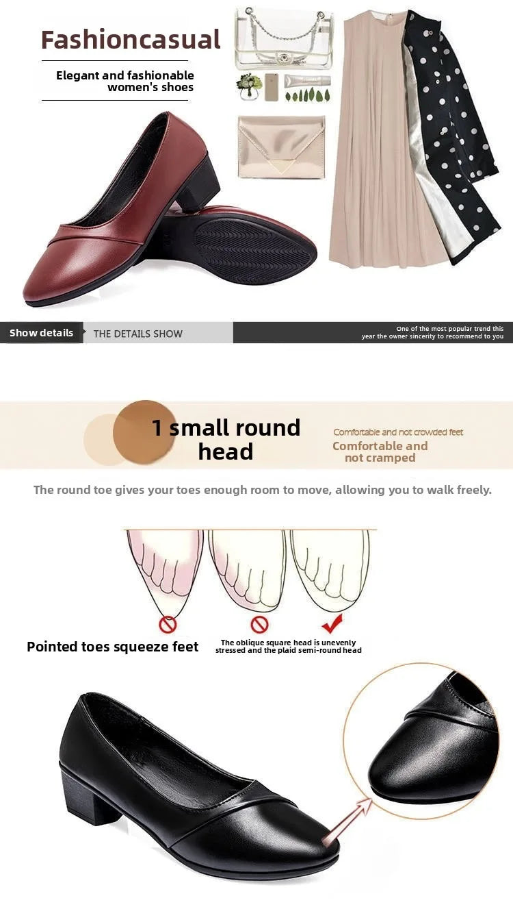 Women Shallow Mouth Mid Heel Shoes 3-5cm Square Heel Low Top Pointed Toe PU Leather Rubber Sole Comfort Casual Office Dress Wear