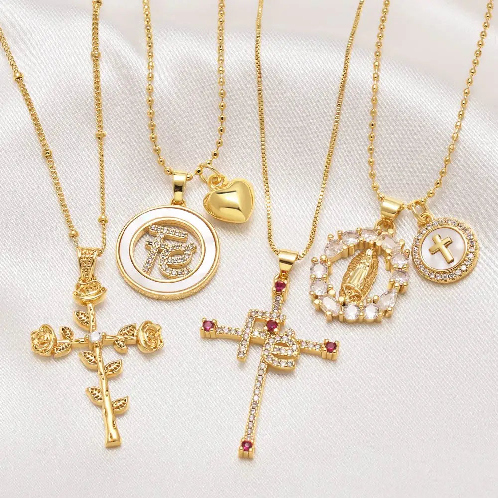 FLOLA New Design Gold Plated Rose Flower Cross Necklaces for Women CZ Crystal Fe Cross Necklaces Catholic Jewelry nkeb489