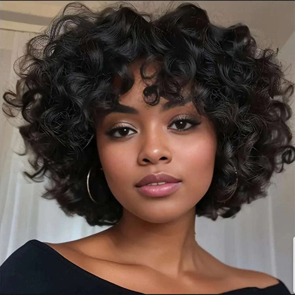 250% Bouncy Curly Bob Human Hair Wigs Loose Bouncy Rose Curly Wigs With Bangs Brazilian Remy Hair Machine Made Wig for Women