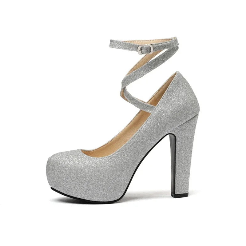 Women Shoes Sexy Fashion Round Toe High Heels  Ankle Strap Dress Dance Party Wedding Bride Platform Shoes Big Size 49 50 33-43