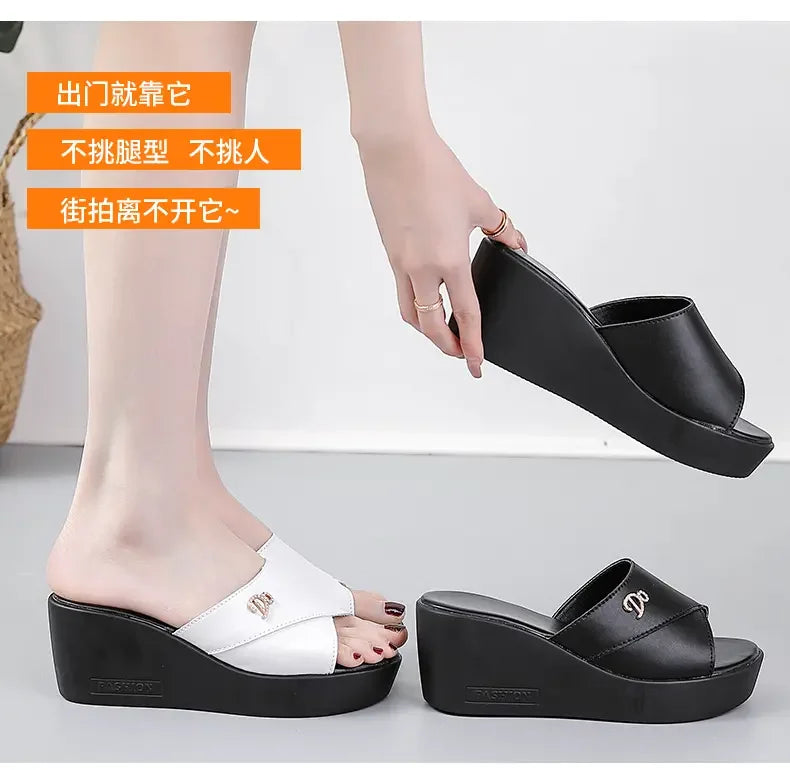 Women shoes Summer Fashion  leather Leisure shoes women platform wedges Fish Mouth Sandal Thick Bottom Slippers