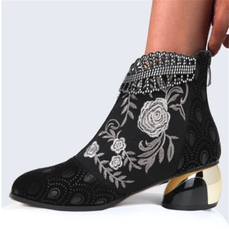 Women Boots Handmade Embroidery Shoes for Women 2025 New Luxury Elegant Women Boots High Heel Ankle Boots Party Zapatos De Mujer