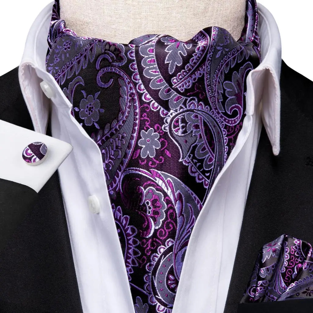 Hi-Tie Mens Ascot Black Pink Blue Red Gold Green Purple White Cravat Tie Hanky Cufflinks for Male Wedding Business Prom