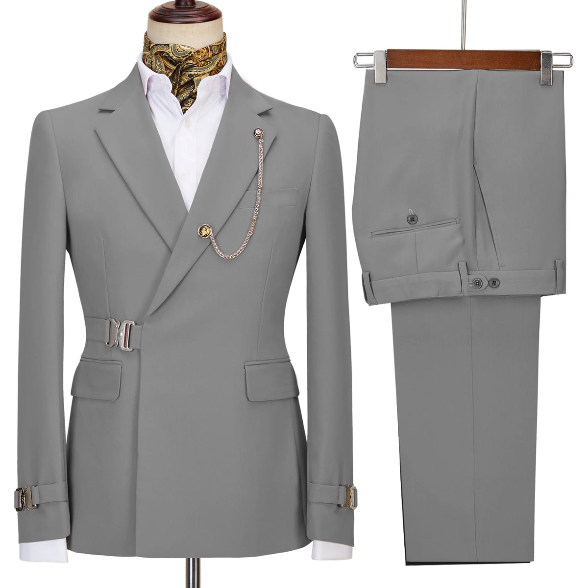 Elegant Men's Suit 2 Pieces Fashion Metal Buckle Jacket Boutique Business Casual Suit Coat Groom Wedding Dress (Blazers+Pants)