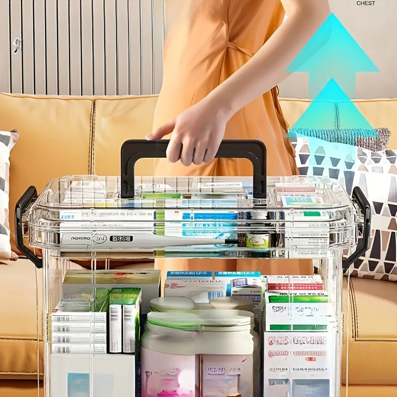 1pc Waterproof Medicine Organizer Box, PVC Storage with Double Layer & Stackable Design, for Pills, Vitamins, First Aid