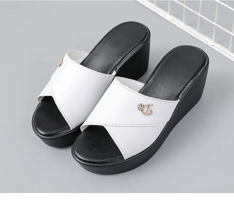 Women shoes Summer Fashion  leather Leisure shoes women platform wedges Fish Mouth Sandal Thick Bottom Slippers