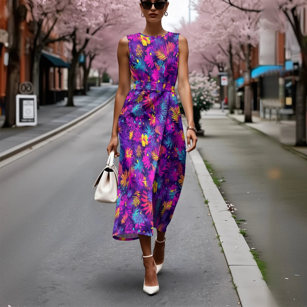 Elegant Floral Dress for Women Breathable A-Line Sleeveless Dress Chic Blue & White with Pink Blooms Office To Vacation Dress