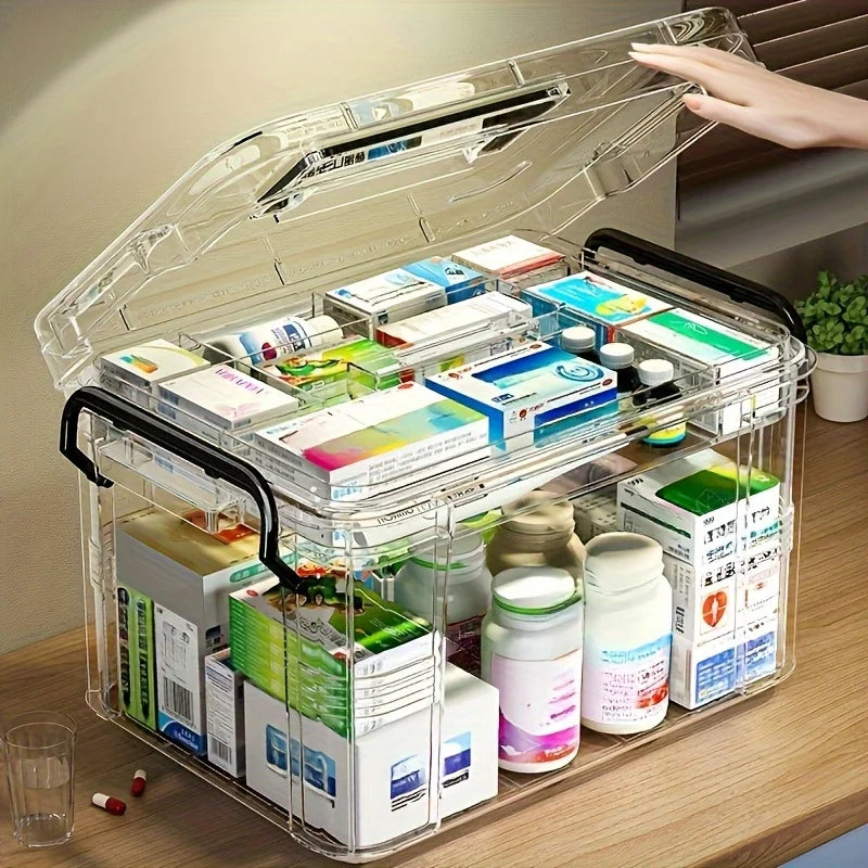 1pc Waterproof Medicine Organizer Box, PVC Storage with Double Layer & Stackable Design, for Pills, Vitamins, First Aid