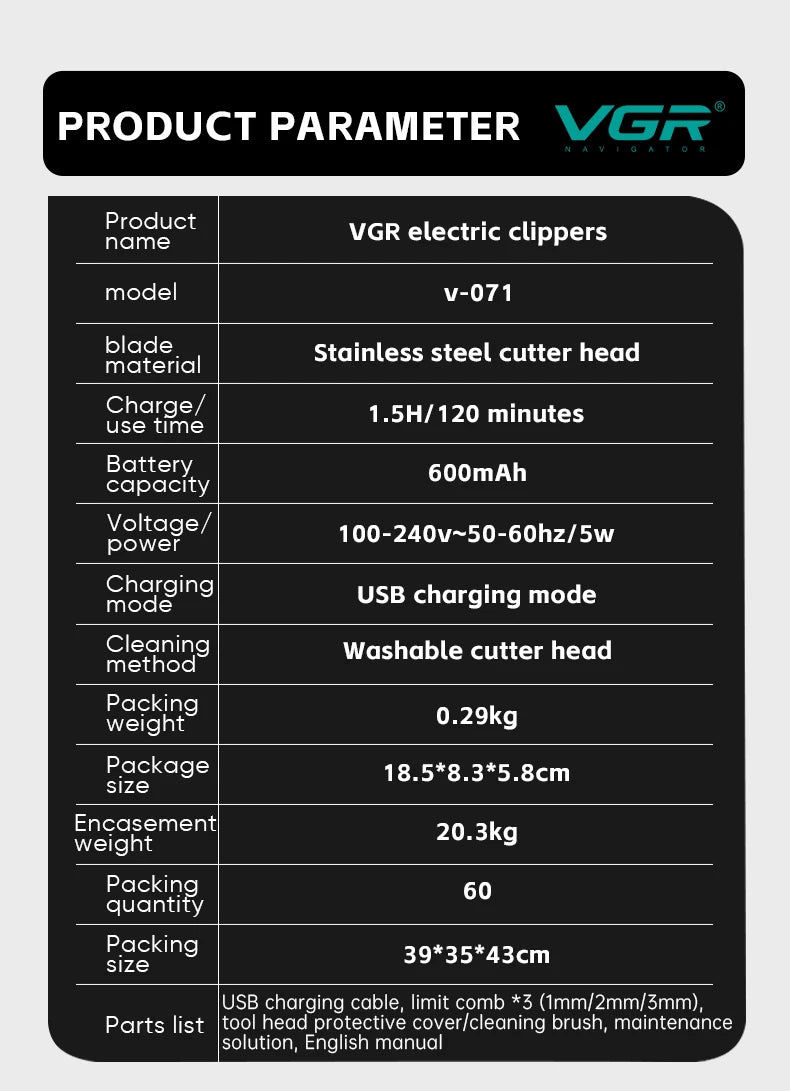 VGR  071 T-blade cutting machine barber rechargeable professional hair clipper trimmer for men cordless