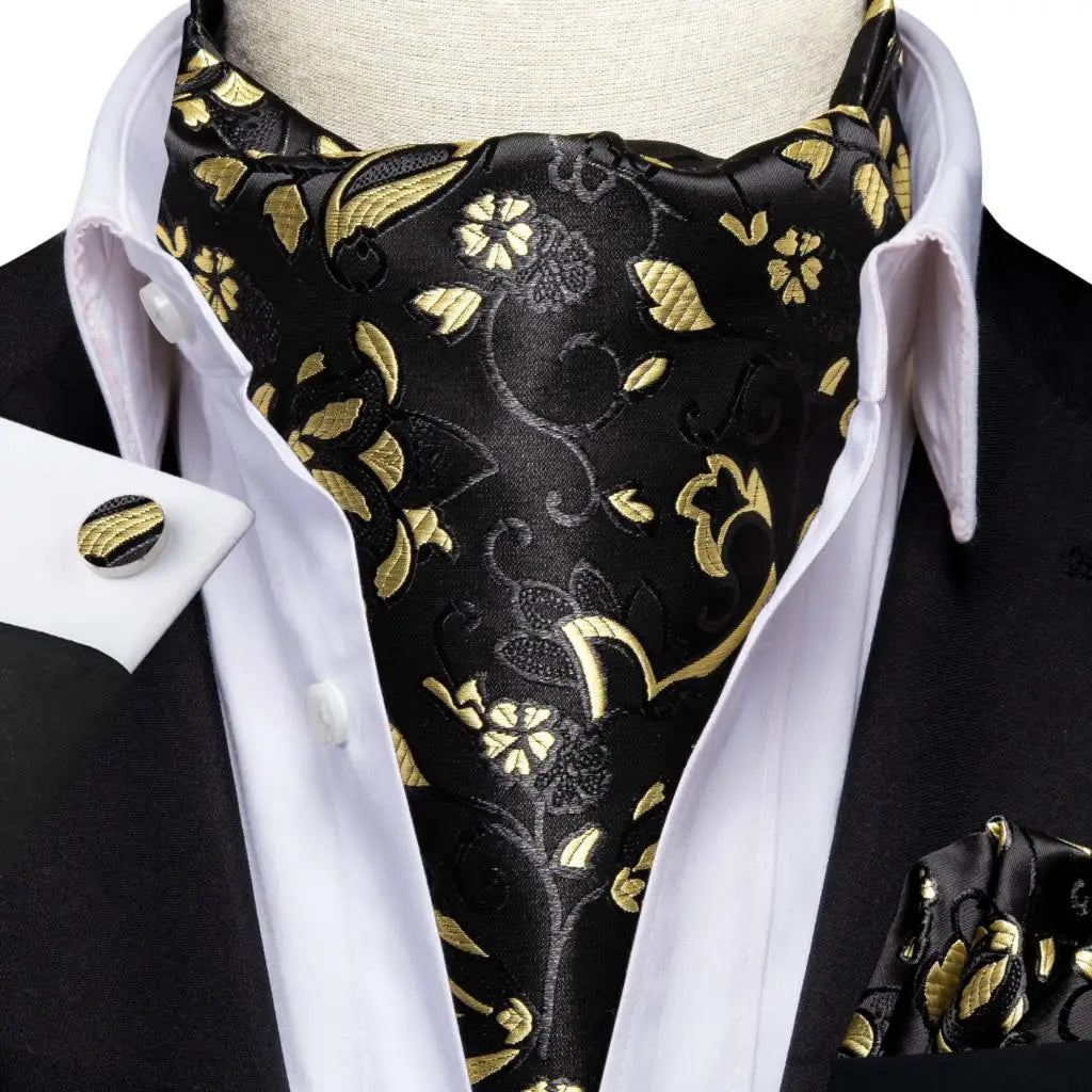 Hi-Tie Mens Ascot Black Pink Blue Red Gold Green Purple White Cravat Tie Hanky Cufflinks for Male Wedding Business Prom