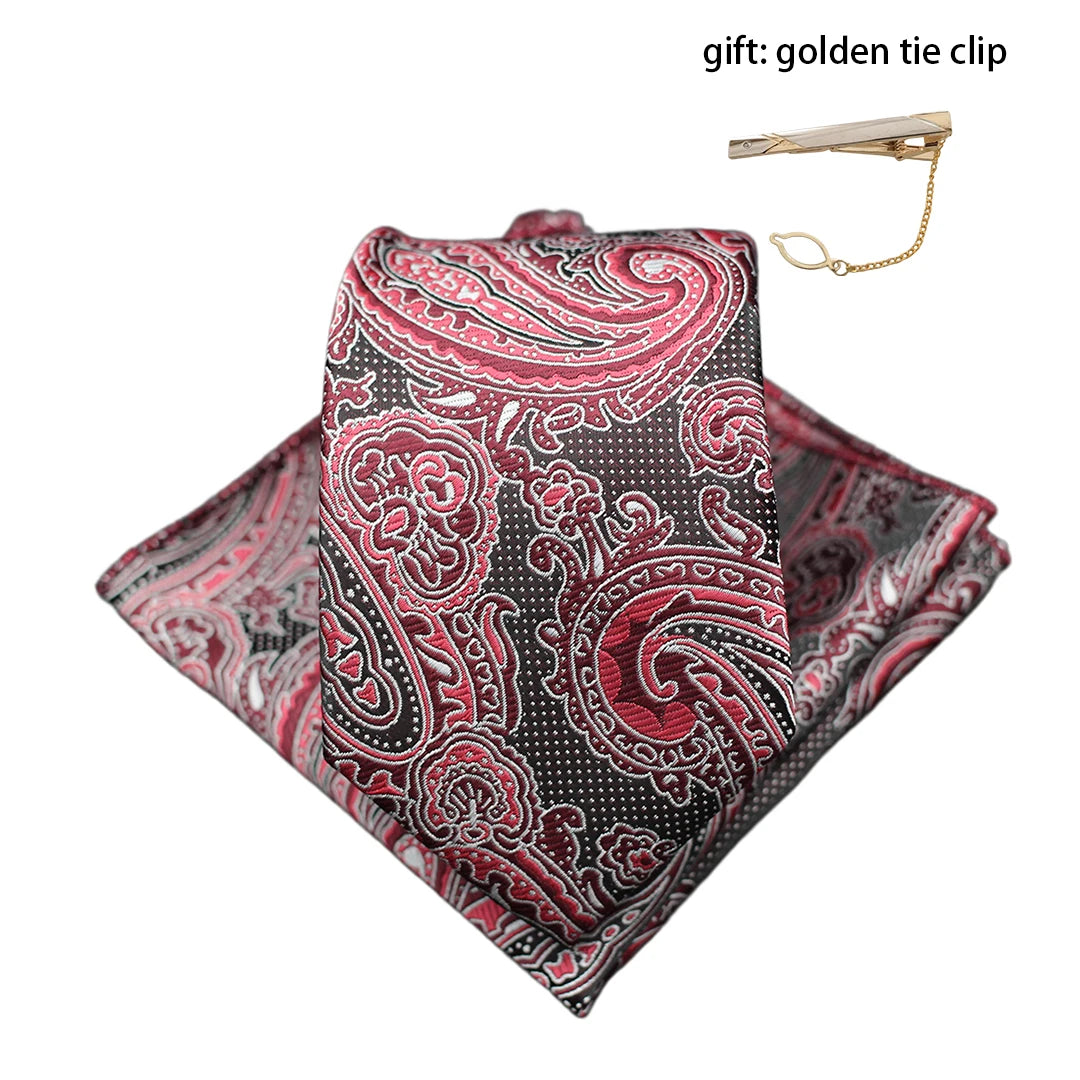 Mens Gift Tie Set Exquisite Red Jacquard Wine Burgundy Paisley Wedding Tie For Men Fashion Design Quality Hanky Dropshipping