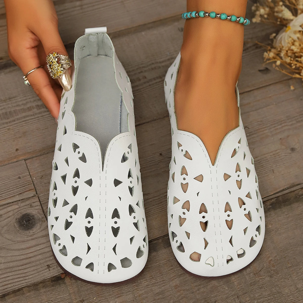 2025 Women Flat Shoes Genuine Leather Woman Pointed Toe Flats Summer Lady Hollow Out Loafers Women Shoes Sandals