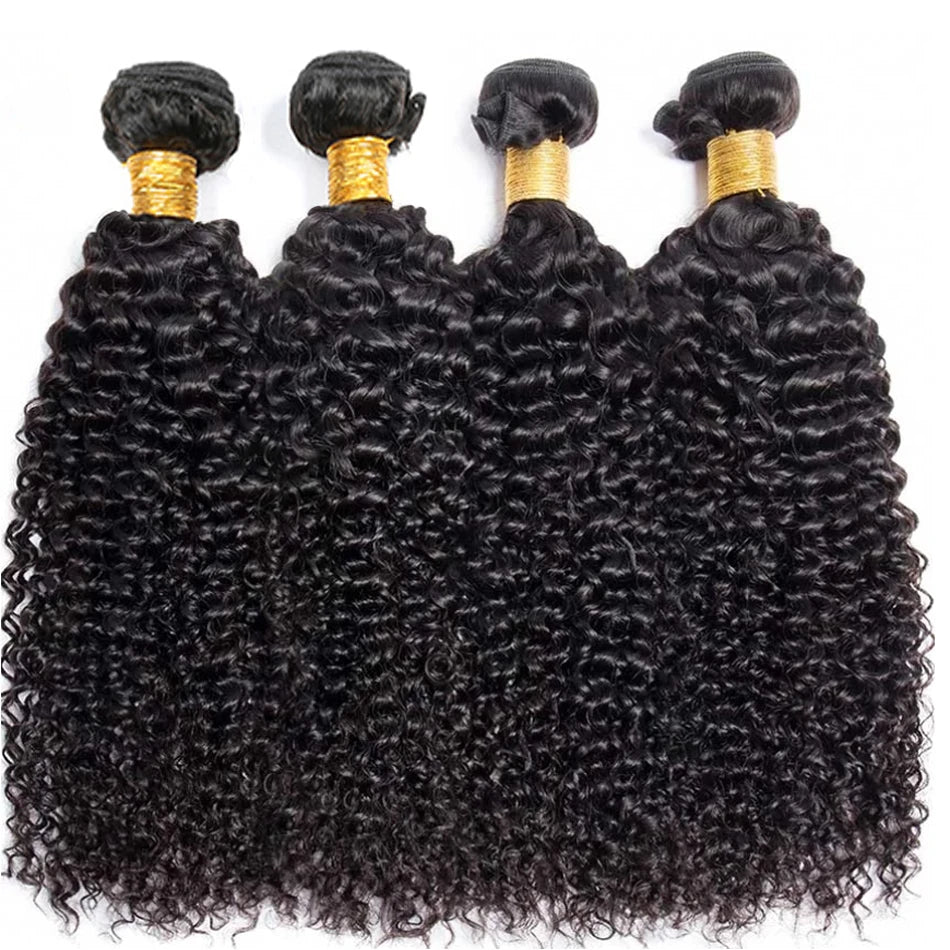 Long Kinky Curly Human Hair Bundles with Closure Frontal Peruvian Hair Bundles with Closure Remy 100% Human Hair Extensions