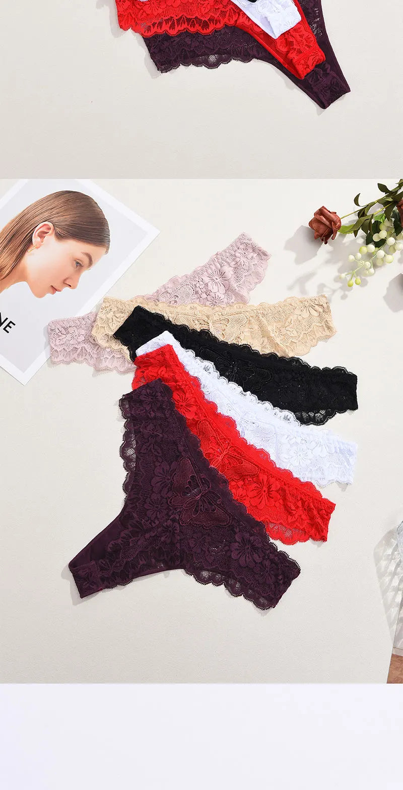 FINETOO 6Pcs/Set Perspective Lace Panties Hollow Out Low-waist Underwear Thongs Female Underpants Breathable Lingerie Intimates