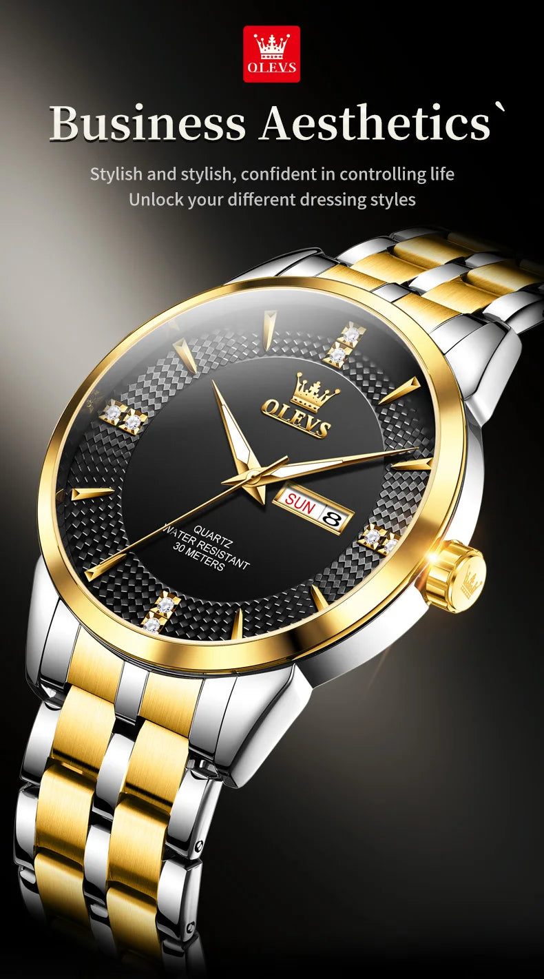 OLEVS Men Watches Luxury Business Fine Steel Original Brand Quartz Wristwatch for Man Waterproof Luminous Date Week Casual Dress