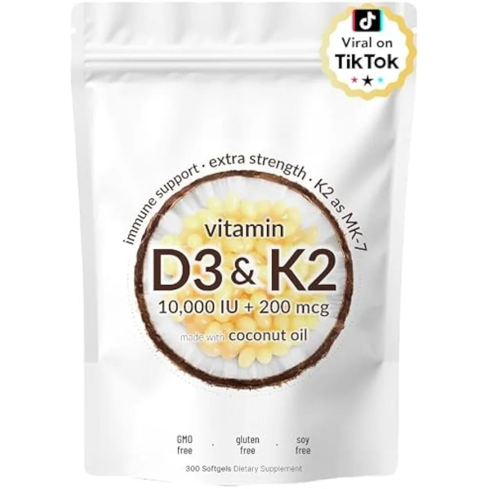 Vitamin D3 10,00 IU + K2 MK-7 200 mcg, 300 Softgels with Virgin Coconut Oil 2-in-1 Vitamins D & K Complex | Extra Strength