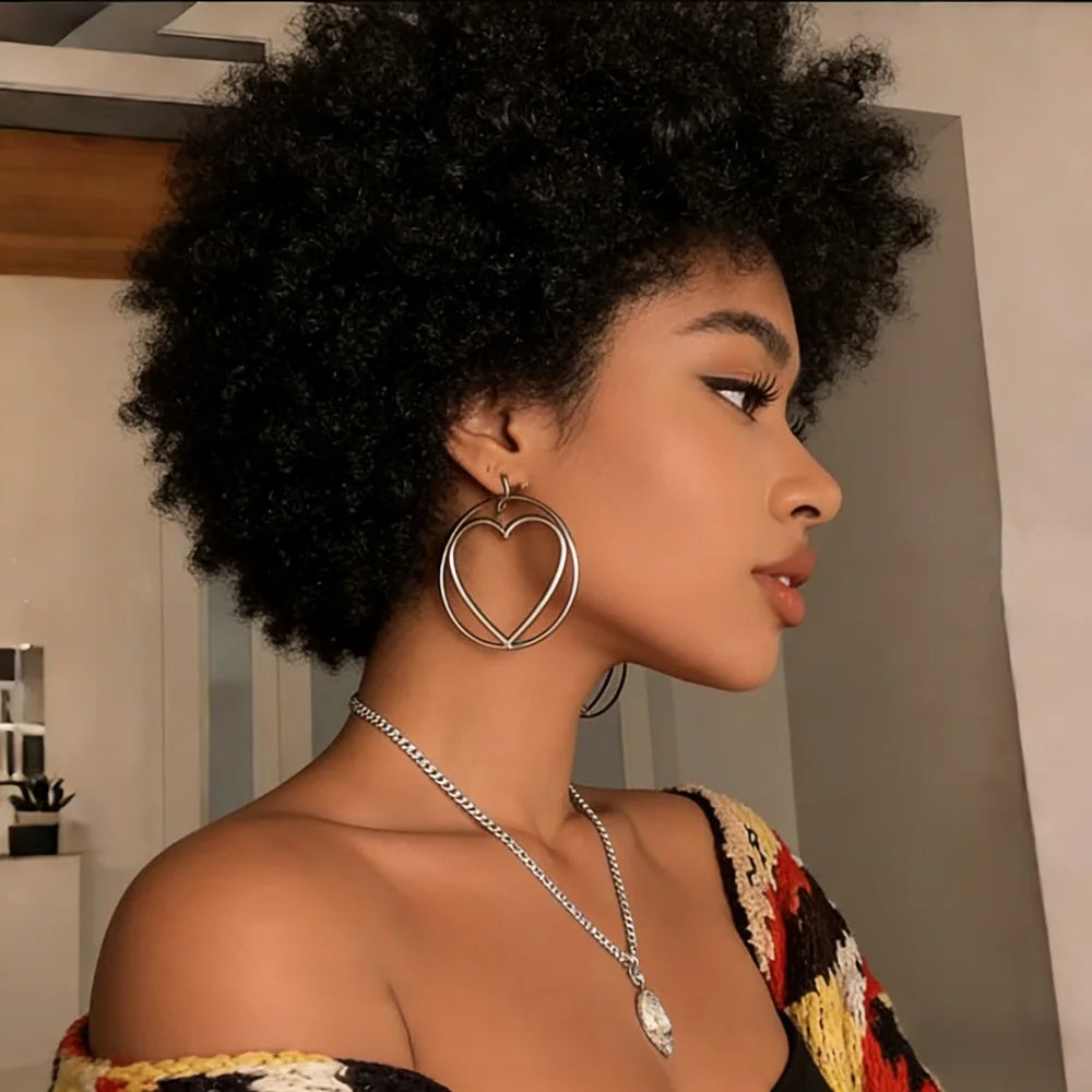 Afro Kinky Curly Pixie Human Hair Wig, full Machine Made No Tangling Minimal Shedding Wig, Natural Scalp Short Curly