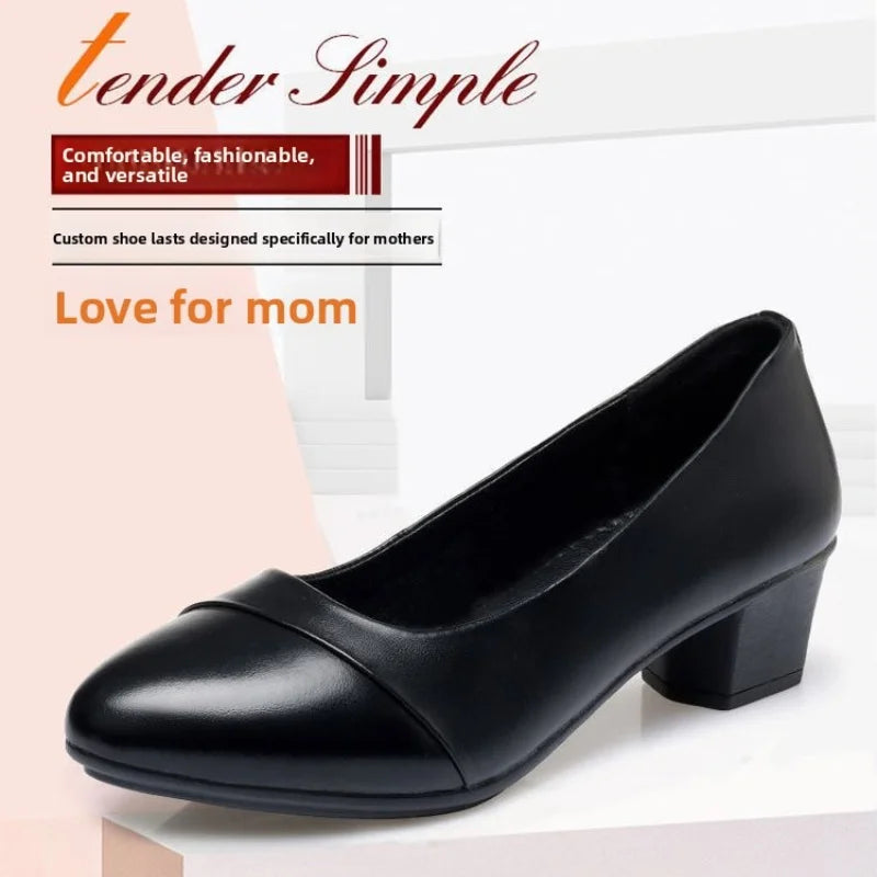 Women Shallow Mouth Mid Heel Shoes 3-5cm Square Heel Low Top Pointed Toe PU Leather Rubber Sole Comfort Casual Office Dress Wear