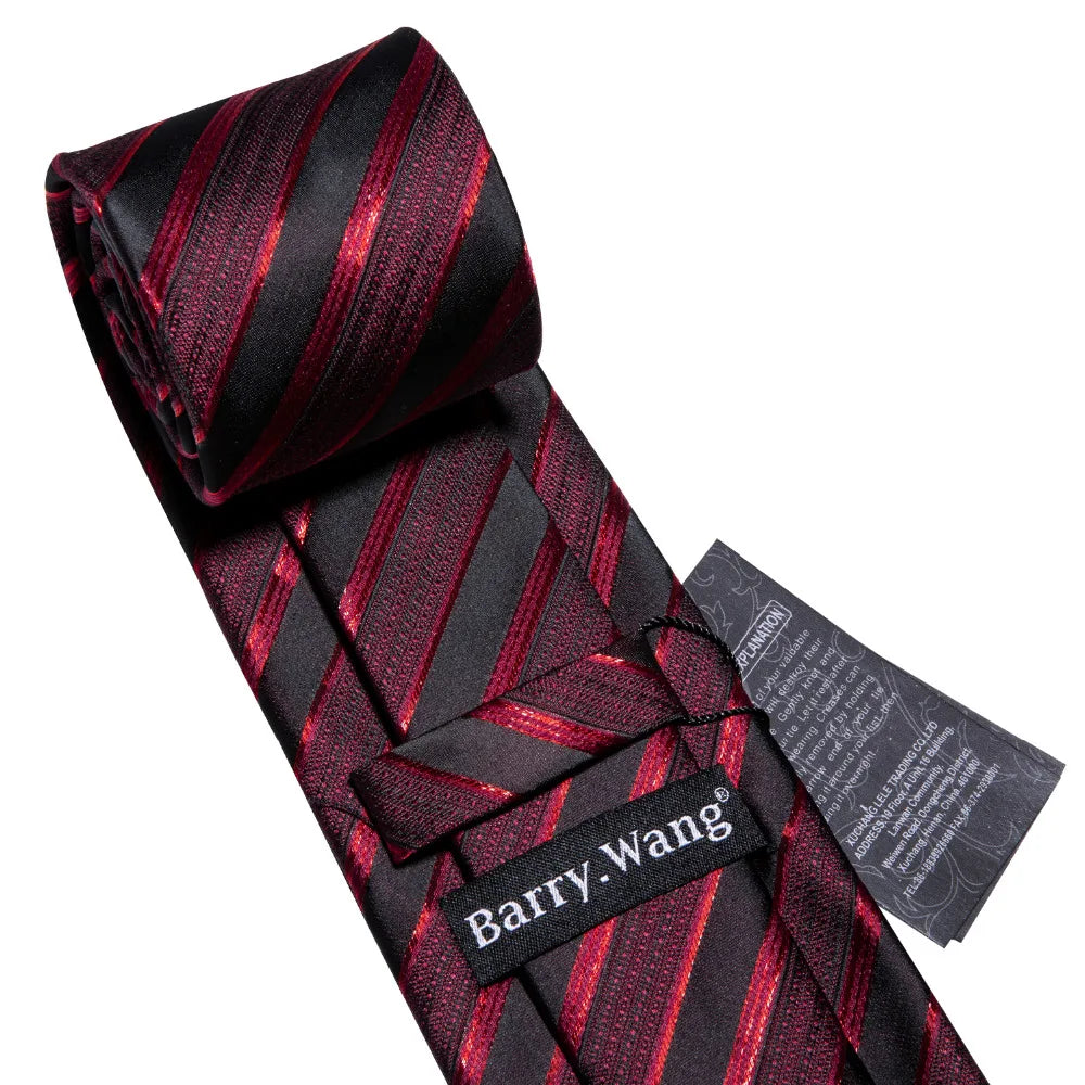 Male Luxury Neck Tie For Men Business Red Striped Tie Hanky Cufflinks Set Neckwear Wedding Party Casual