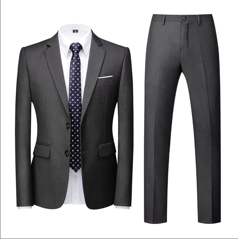 Men's Suit (Blazer+Pants) Fashion Business Casual Slim-fit Wedding Gentleman Solid Color Full Professional Interview Formal Suit