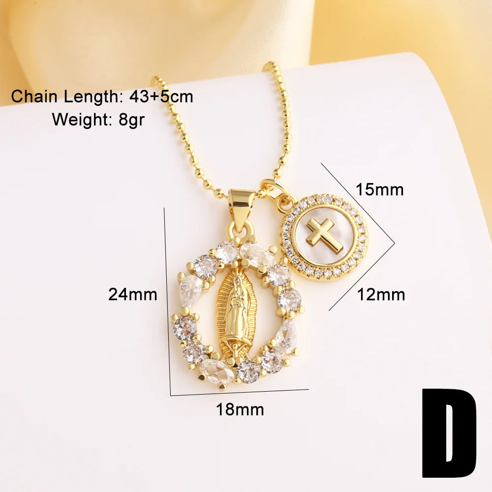 FLOLA New Design Gold Plated Rose Flower Cross Necklaces for Women CZ Crystal Fe Cross Necklaces Catholic Jewelry nkeb489