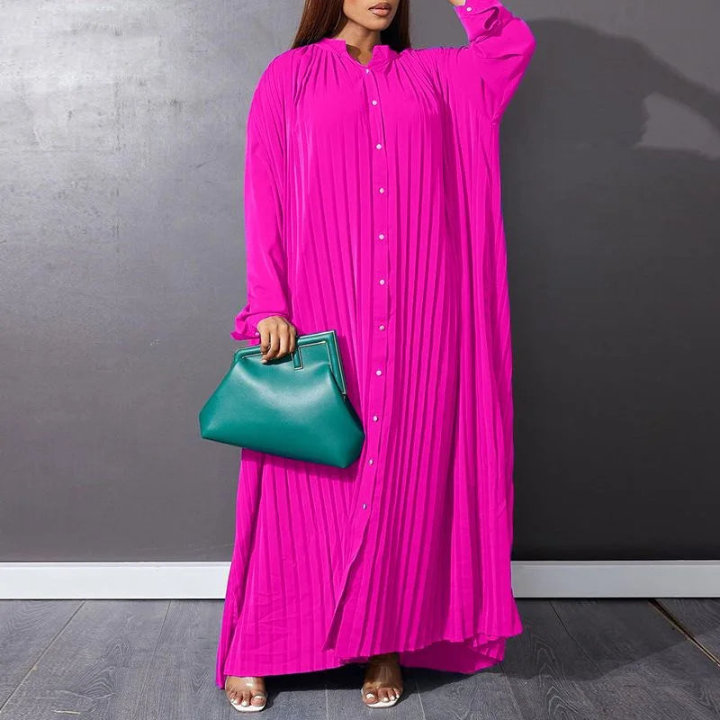 Women Eid Muslim Dresses Stand Collar Single Breasted Dubai Arab Vestidos Ramadan Casual Loose Kaftan Dress Solid Pleated