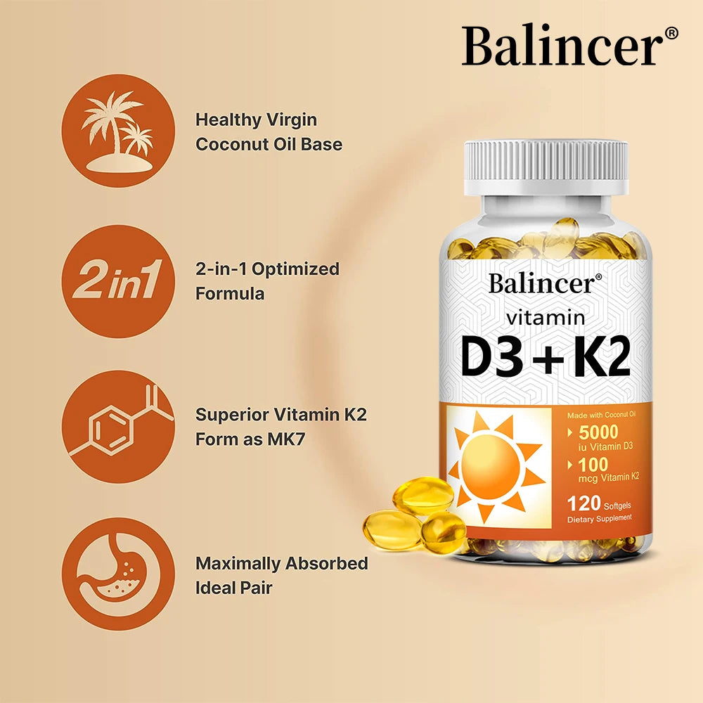 Vitamin D3 5000 IU & K2 MK7 100mcg, Infused with Virgin Coconut Oil,  2 in 1 Formula, Non-GMO | No Gluten