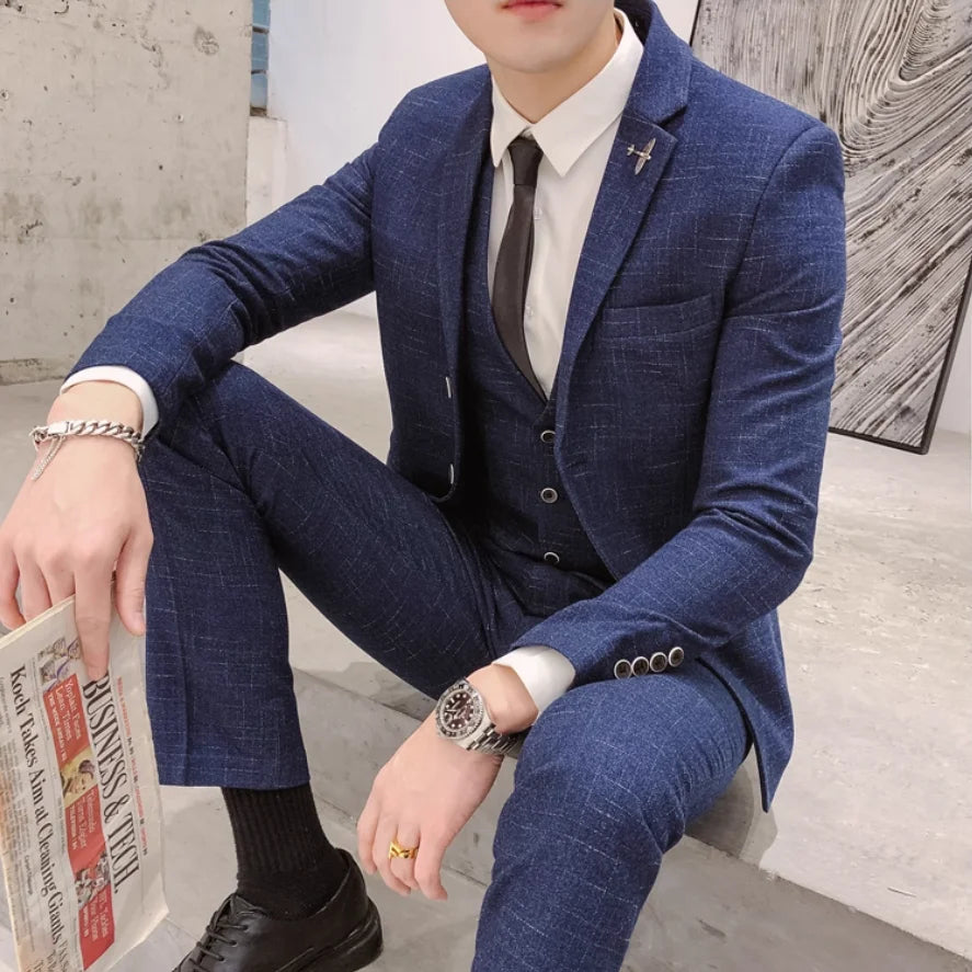 Men's Business Fitted Two-Button Suit Set Fashionable Versatile Trendy Three-Piece Ensemble for Groom Best Man Banquet Dress