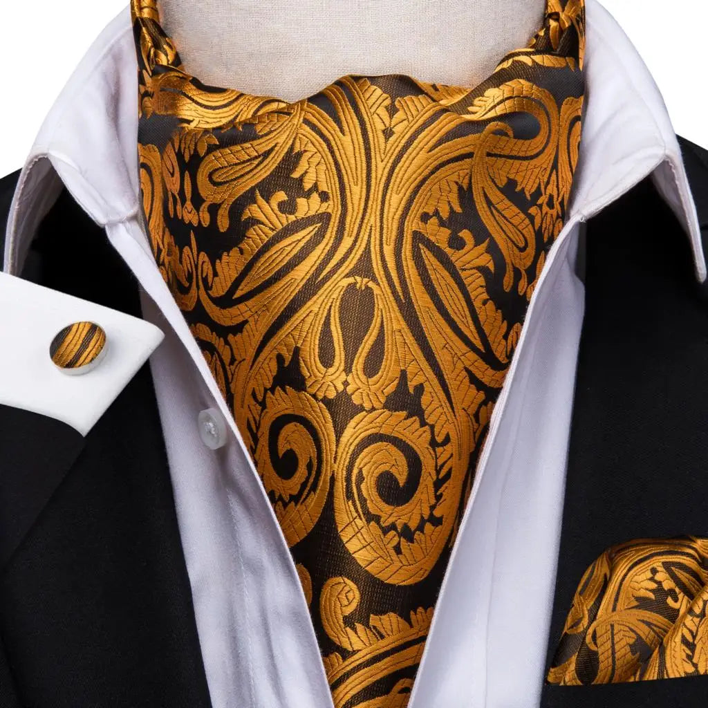 Hi-Tie Mens Ascot Black Pink Blue Red Gold Green Purple White Cravat Tie Hanky Cufflinks for Male Wedding Business Prom