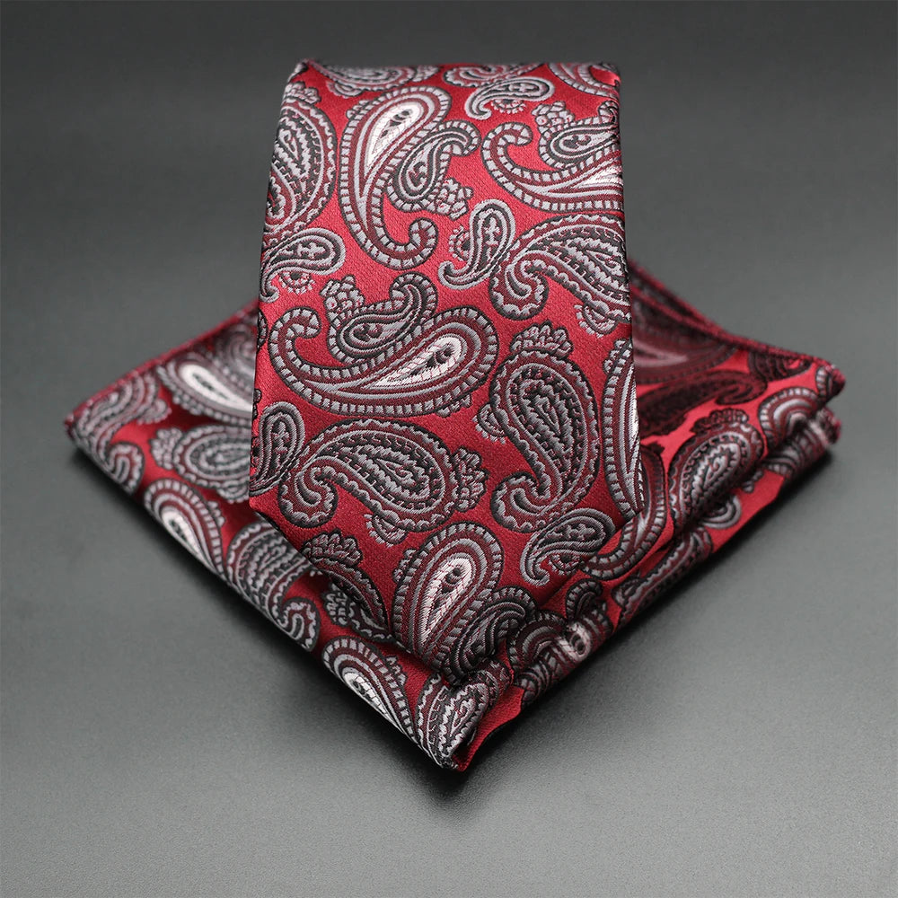 Mens Gift Tie Set Exquisite Red Jacquard Wine Burgundy Paisley Wedding Tie For Men Fashion Design Quality Hanky Dropshipping