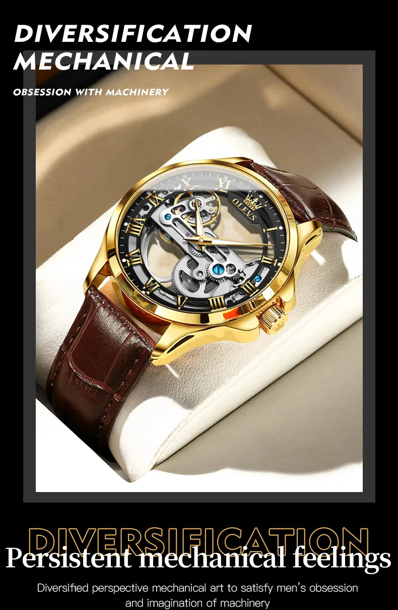 OLEVS 6661 Top Brand Men's Watches Fashion Hollow Flywheel Automatic Mechanical Wristwatch Waterproof Luminous Leather Strap