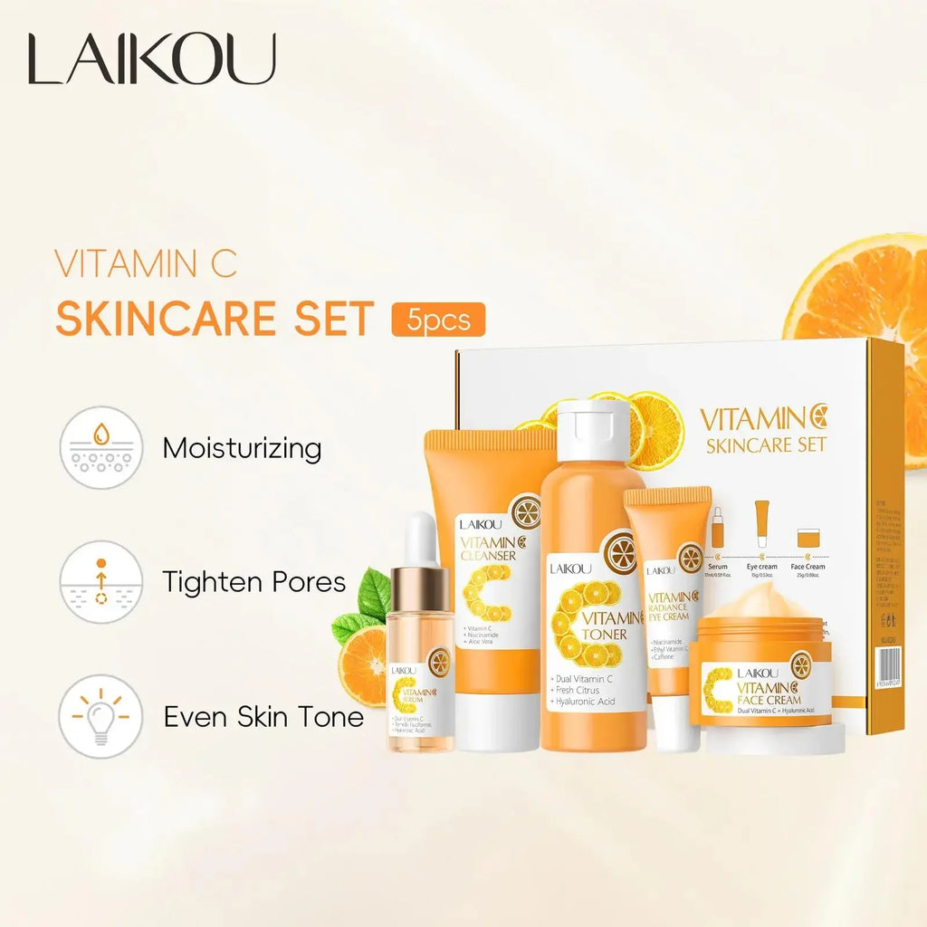 Facial Brightening Vitamin C Skincare 5pcs Set Essence Cream Serum Cleanser Toner Eye Moisturizer Care