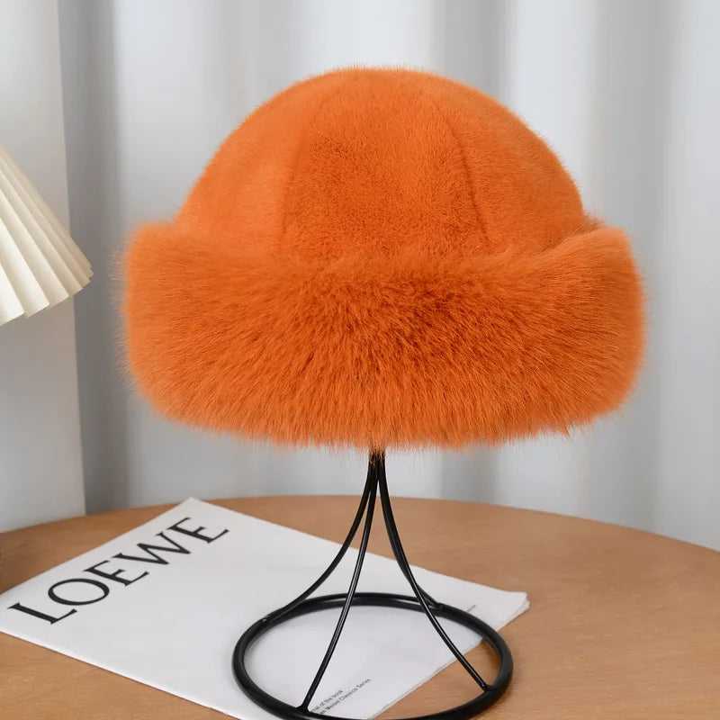 Winter Warm Fleece Bucket Hat with Ear Protector,Winter Windproof SolidColor Thick Casual Elegant Pullover for Outdoor Dailywear