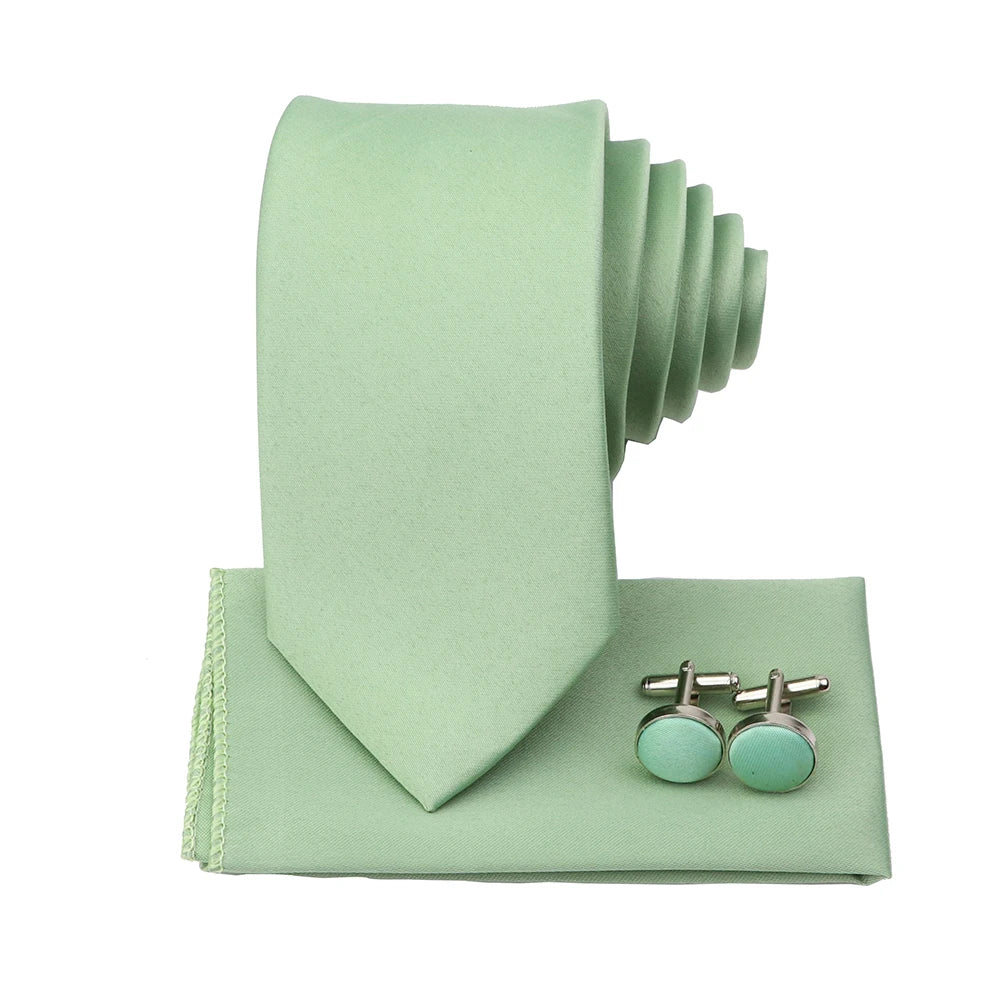 Men's Colorful Polyester Necktie Bowtie Cufflink Brooch Set Sage Green Pink Ties Business Wedding Party Shirt Accessories Gift