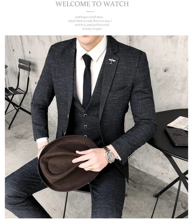 Men's Business Fitted Two-Button Suit Set Fashionable Versatile Trendy Three-Piece Ensemble for Groom Best Man Banquet Dress