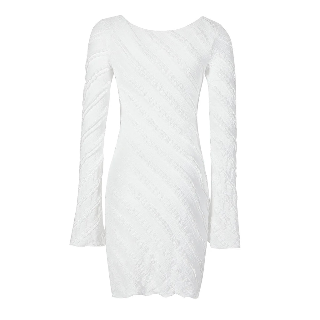 Women's Dress, White Knitted Fabric, Boat Collar A-word Short Skirt, Backless Lace-up.