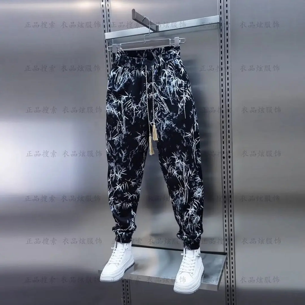 Men Harem Pants Joggers Bamboo Printed Drawstring Trousers Men breathable casual pants 2024 Summer Streetwear Casual Pants