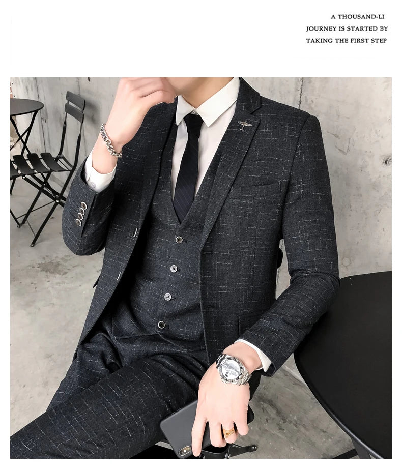 Men's Business Fitted Two-Button Suit Set Fashionable Versatile Trendy Three-Piece Ensemble for Groom Best Man Banquet Dress