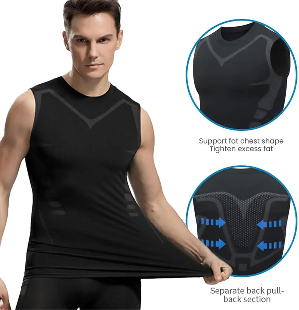 Men's Compression Shirt Tummy Control Muscle Support Quick-Dry Ice Silk Workout Vest Slimming Body Shaper Tank Top Gym Running