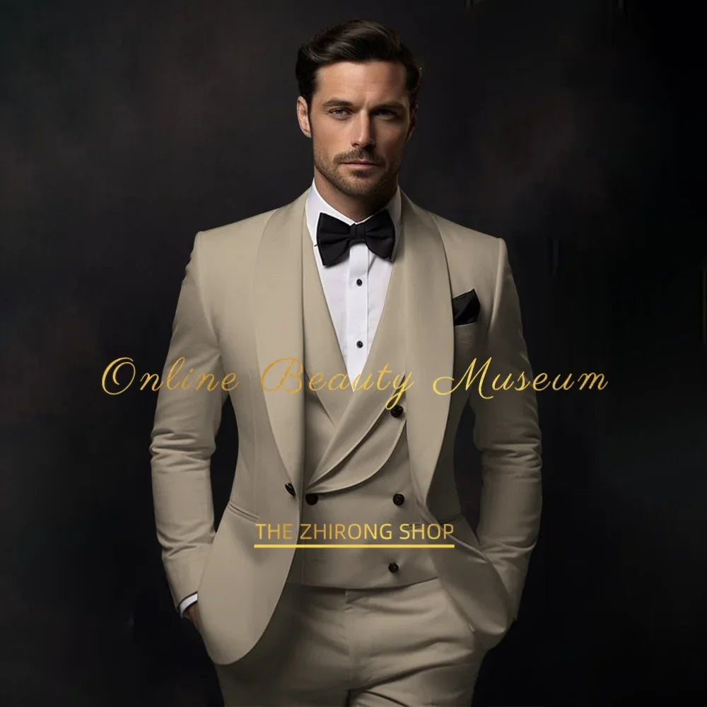 Elegant Ivory Tuxedo Suit for Men 3 piece set Jacket Vest Pants Classic Attire for Wedding Dating Host Prom Ball Party Dress