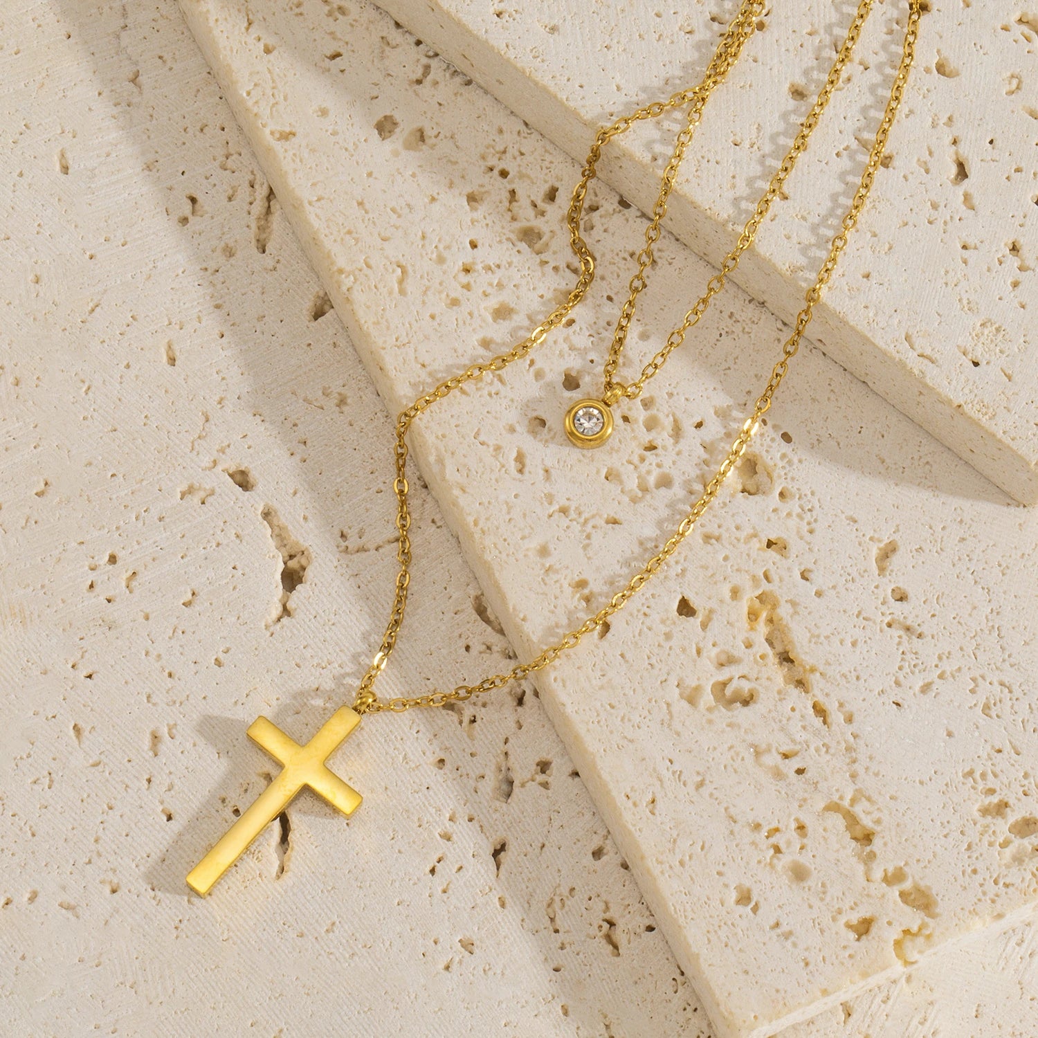 Layered Necklace for Women, Stackable Double pendant with CZ & Cross, Stainless Steel Waterproof Hypoallergenic Trendy Jewelry