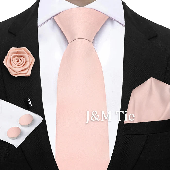 Mens Ties Solid NeckTie Pocket Square Brooch Set Men's Wedding Pink Blue Purple Tie Suit Accessories Fit Group Holiday Party
