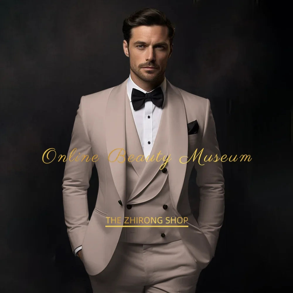 Elegant Ivory Tuxedo Suit for Men 3 piece set Jacket Vest Pants Classic Attire for Wedding Dating Host Prom Ball Party Dress