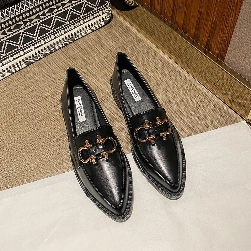 New Women Pointed Toe Leather Casual Shoes British Style Dress Shoes Fashion Cool Slip-on Loafers
